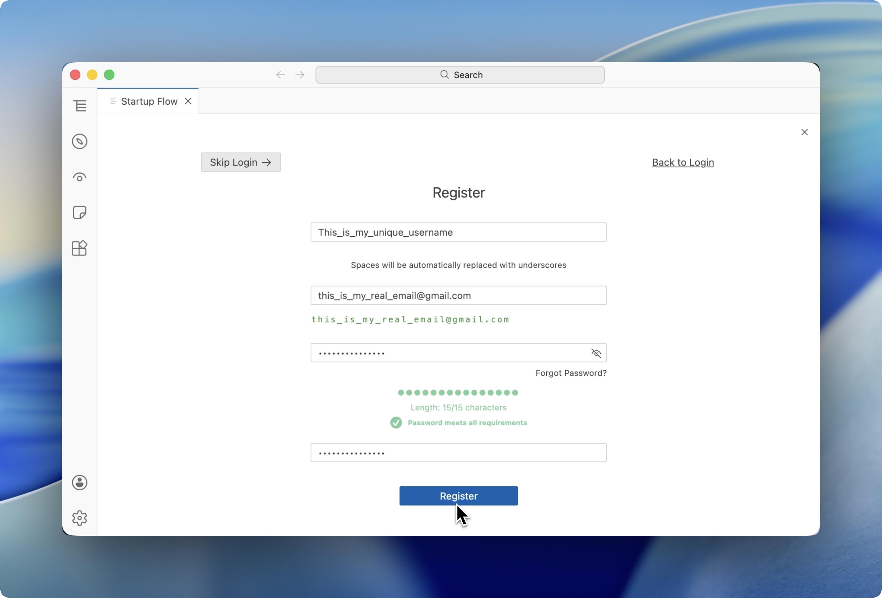 Screenshot of the registration page